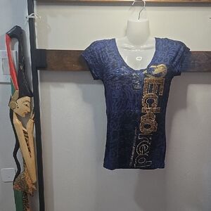 Ecko Unlimited Women's Short Sleeve Tee in Blue and Gold Sheer Leopard Y2K Vtg